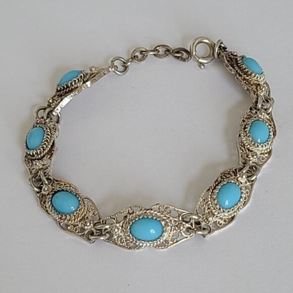 Vintage Antique Boho Sterling Silver Turquoise Cabochon Filigree Chain Bracelet - Picture 7 of 12